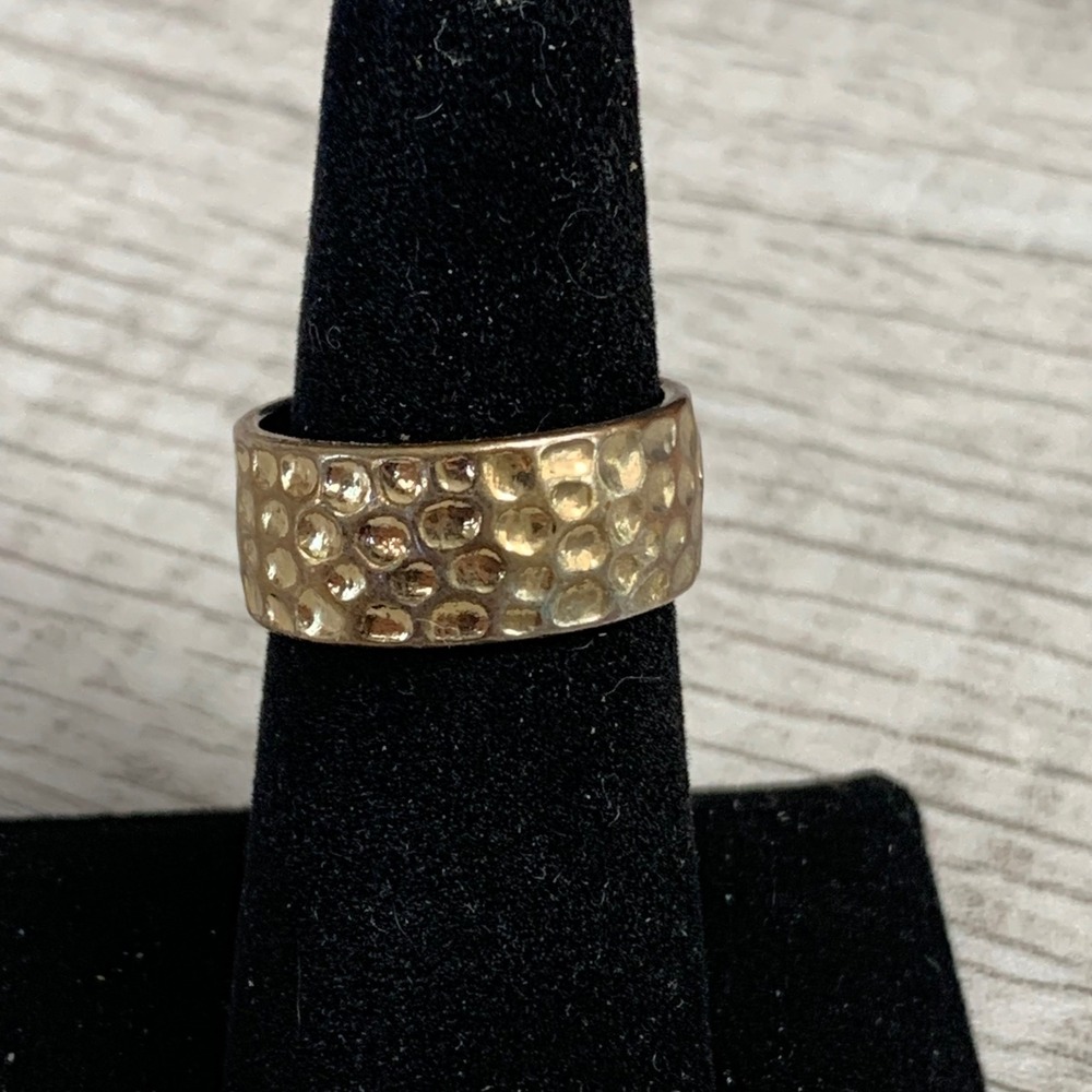 Gold Tone Hammered Texture Wide Band Ring Size 7.5 Artisan Style Cigar Ring